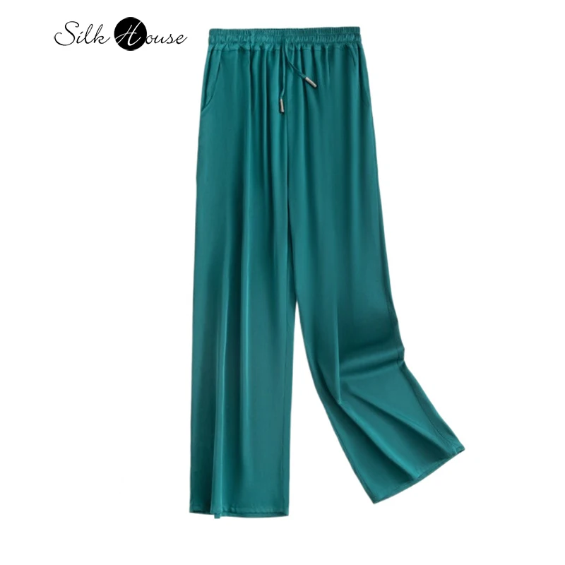 

Blue Green 93% Natural Mulberry Silk Elastic Double Qiao Satin Elastic High Waisted Casual Versatile Solid Straight Leg Pants