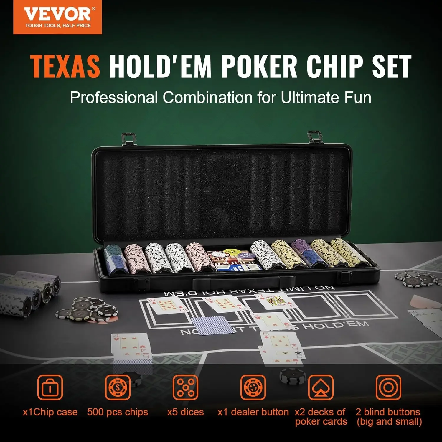 Poker Chip Set, 500-Piece Poker Set, Complete Poker Playing Game Set with Carrying Case, Heavyweight 14 Gram Casino Clay Chips