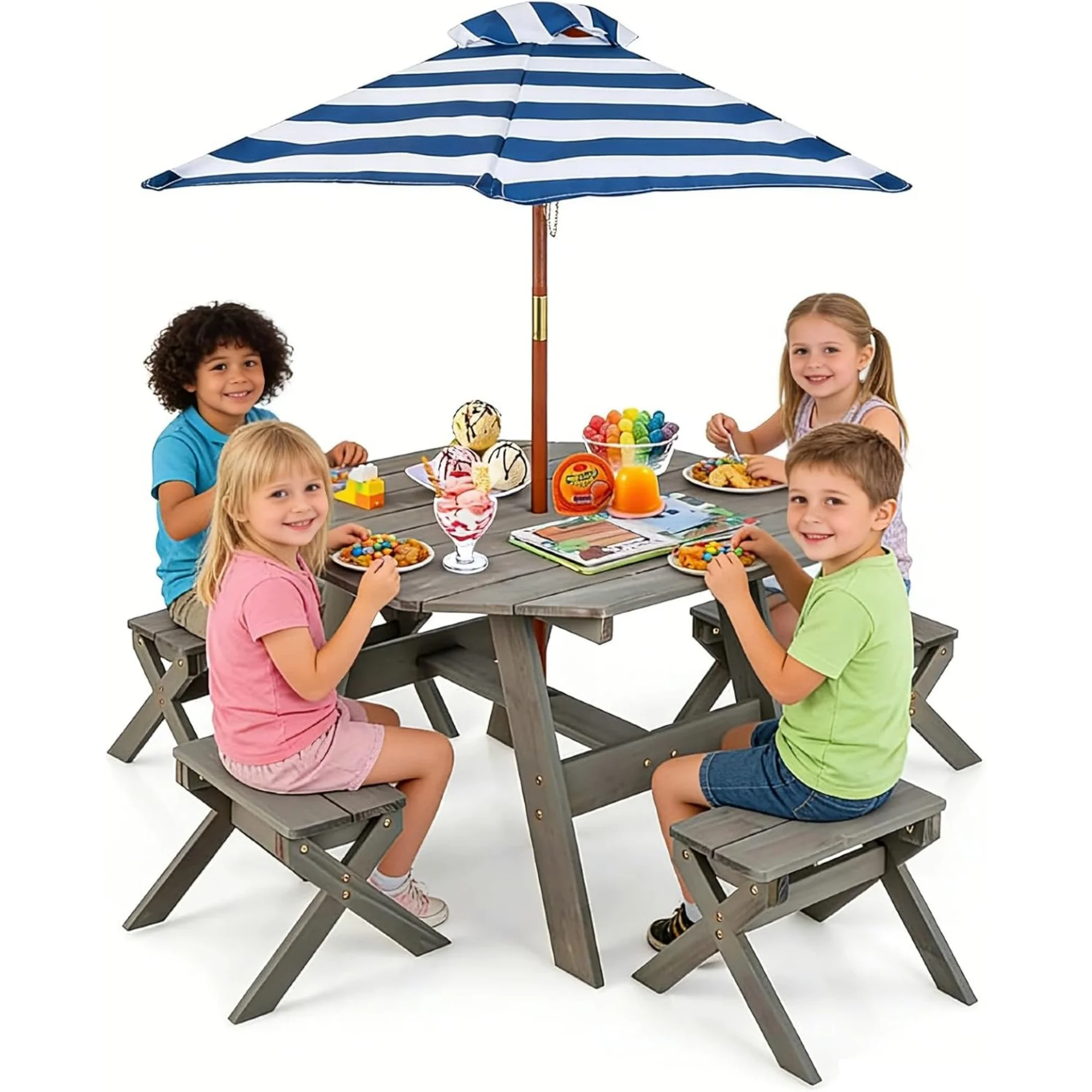 Kids Outdoor Table With Umbrella - Kinder-Picknicktisch, achteckiger Tisch aus Tannenholz &