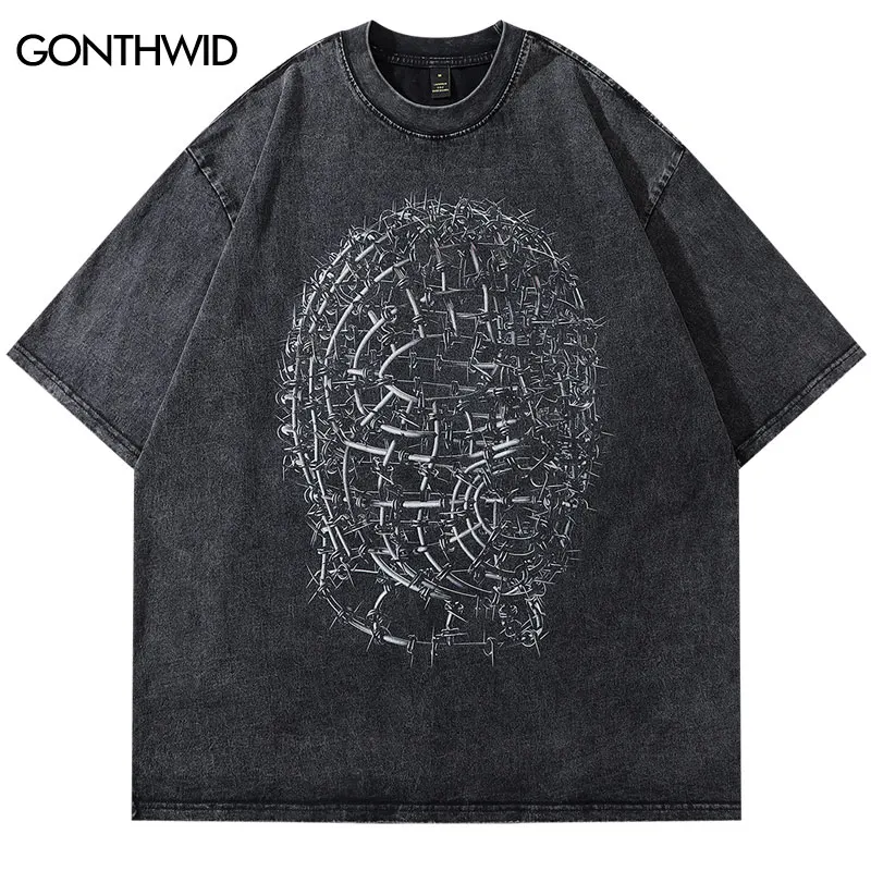 Men Vintage T-Shirt Hip Hop Chain Print Oversized Punk Gothic Washed Short Sleeve Tshirt Harajuku Casual Loose Cotton Tee Tops