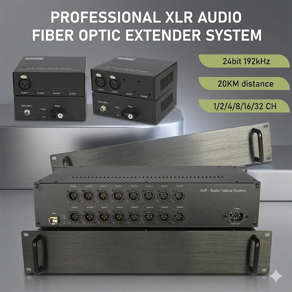 XLR Audio Fiber Converter 1/2/4/8/16/32CH 24bit 192kHz Uncompressed Broadcast Grade Balanced Audio Extender Single Mode 20km