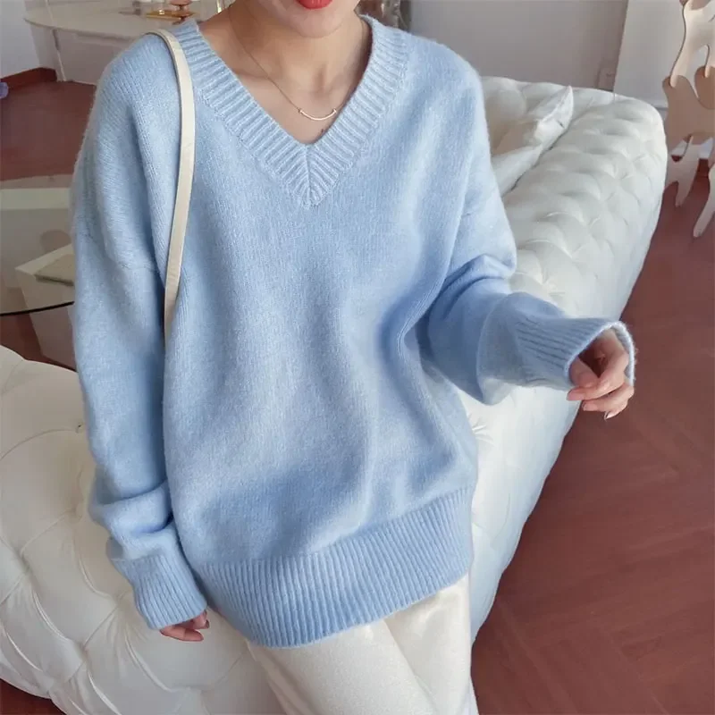 Solid V Neck Pullover Long Sleeve Knit Sweater Elegant Fashion Harajuku Slim Fit Female Clothes Loose Casual All Match Tops