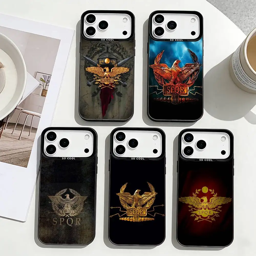 

Roman E-Empire SPQR Phone Case For iPhone17,16,15,14,13,12,11 Plus,Pro Max Black Border Silver Plated Cover