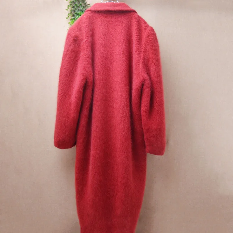 Ladies Women Autumn Winter Clothing Hairy Soft Angora Rabbit Hair Knitted Turn-Down Neck Long Sleeves V-Neck Loose Cardigan Coat - view 5