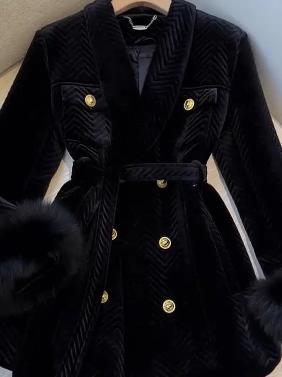 Bla Velvet Belted Midi Coat Damen Faion Unique Sli Cotton Windbreaker Jaet Korean Sle Long Sve Thiened