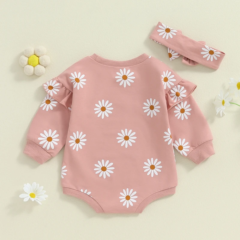 Infant Baby Girls Ruffle Long Sleeve Romper Floral Print Cotton Playsuit Jumpsuit Headband Newborn Spring Autumn Clothes