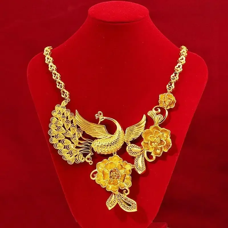 Wedding Supplies Imitation 100% 18K Real 24K Gold Wedding Jewelry Women's Retro Ethnic Phoenix Wedding Necklace Set Never Faded