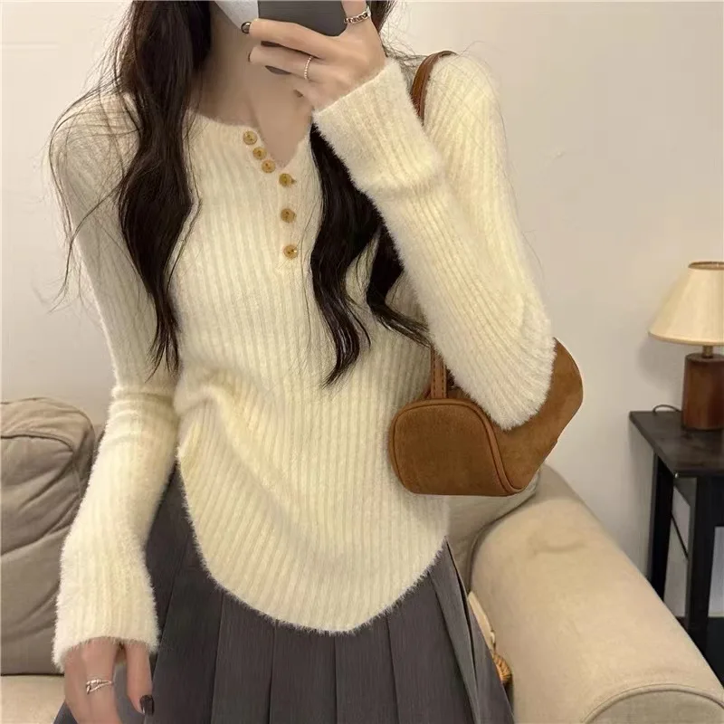 Autumn New Solid Color Slim Women Pullovers Casual Simple Basic Pullovers Woman Black Coffee Apricot Knitted Sweaters