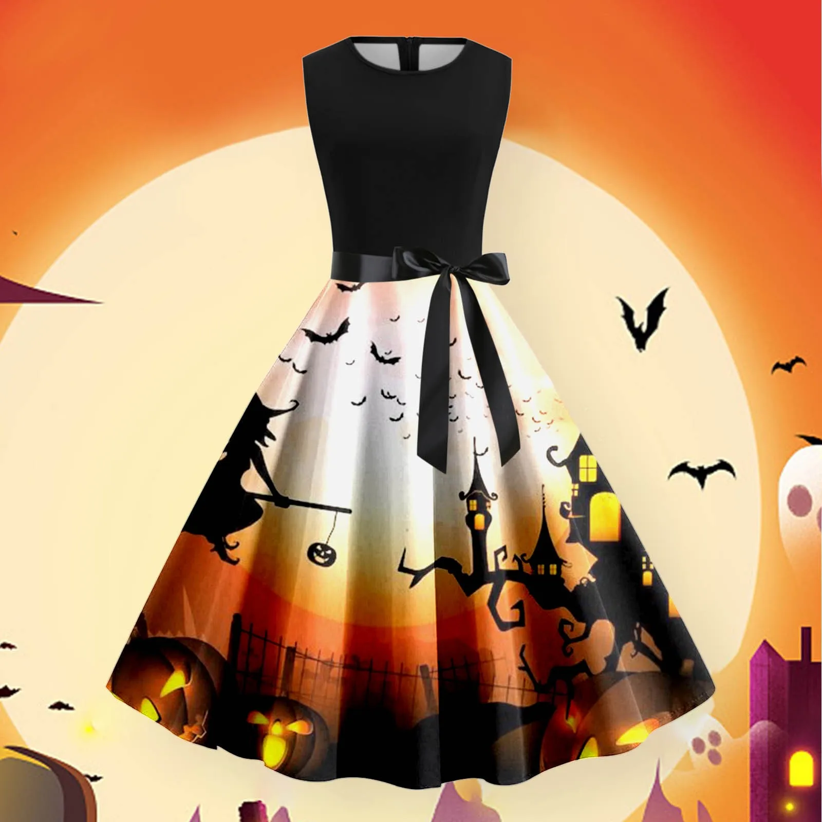 

Women'S Halloween Dresses Mystery Horror Print Vintage Dress Crew Neck Sleeveless Waist Full Skirt Fashion Casual Long Dresses