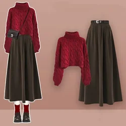 Autumn Winter Women's Lucky Red Sweater Pullovers High Waist Midi Skirts 1 or Two Piece Set Lady Joker Knit Tops Skirts Suits
