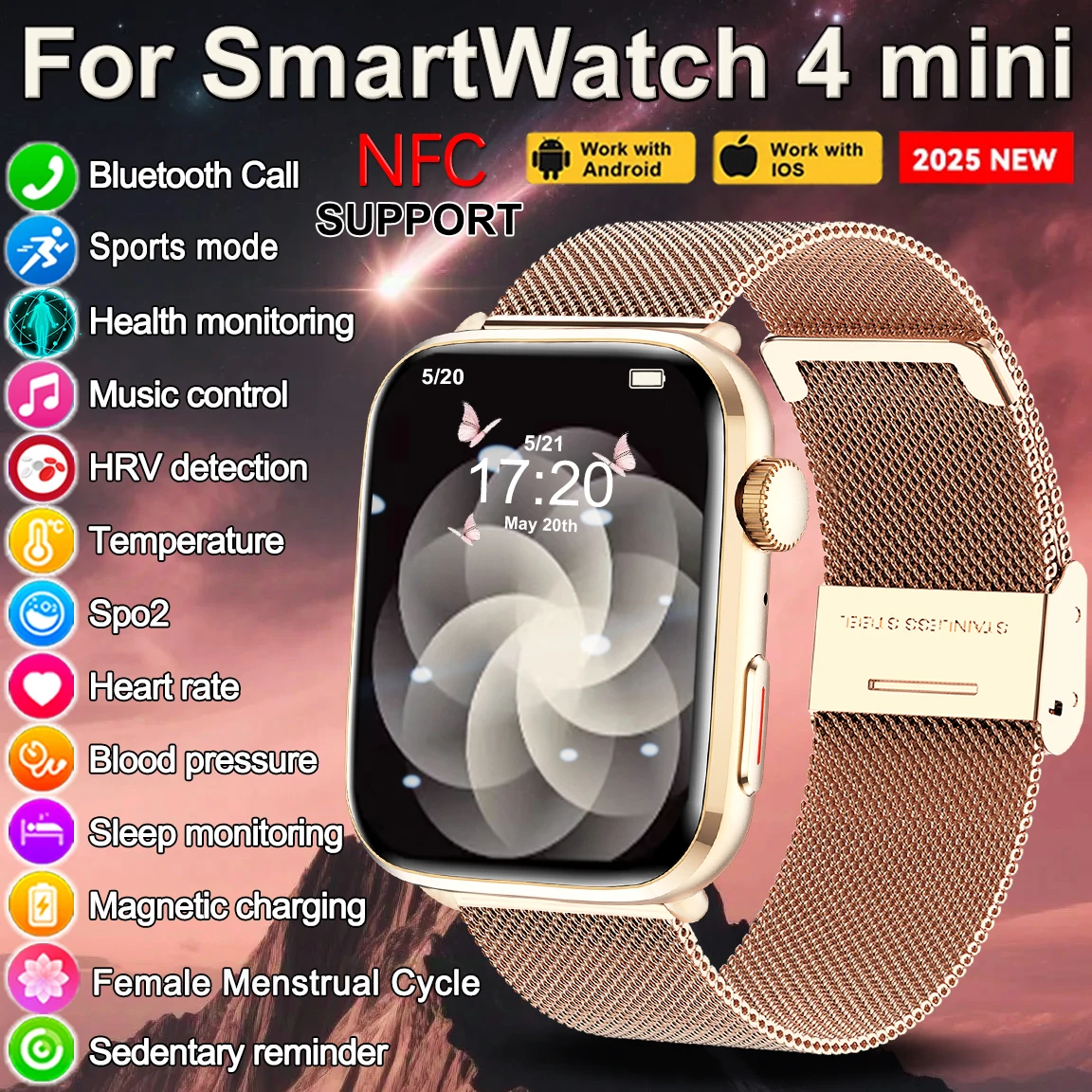 

2025Новые NFC SmatWatch женские менструальные слежения за сном здоровье кровяное давление Bluetooth вызов SmarWatche женские для SmartWatch 4mini