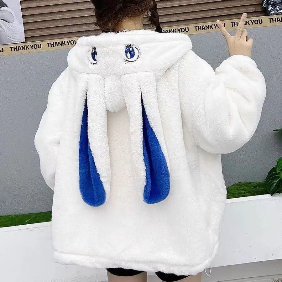 Plush 2023 Autumn Winter New  Collection  with  Thick Cotton  Loose and Fashionable Small Student Cotton  Coat  Blue Ears  Style