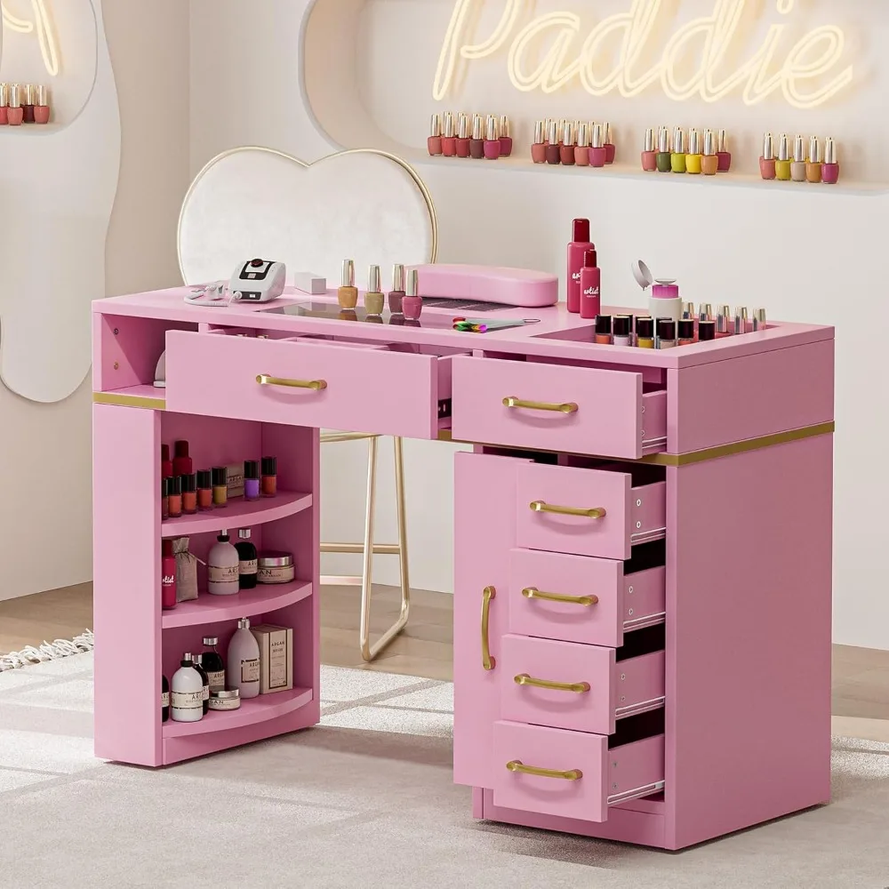 محطة طاولة مانيكير، مكتب مانيكير للتجميل ذو سطح زجاجي للتقنية مع فتحة تهوية كهربائية، ذراع #2