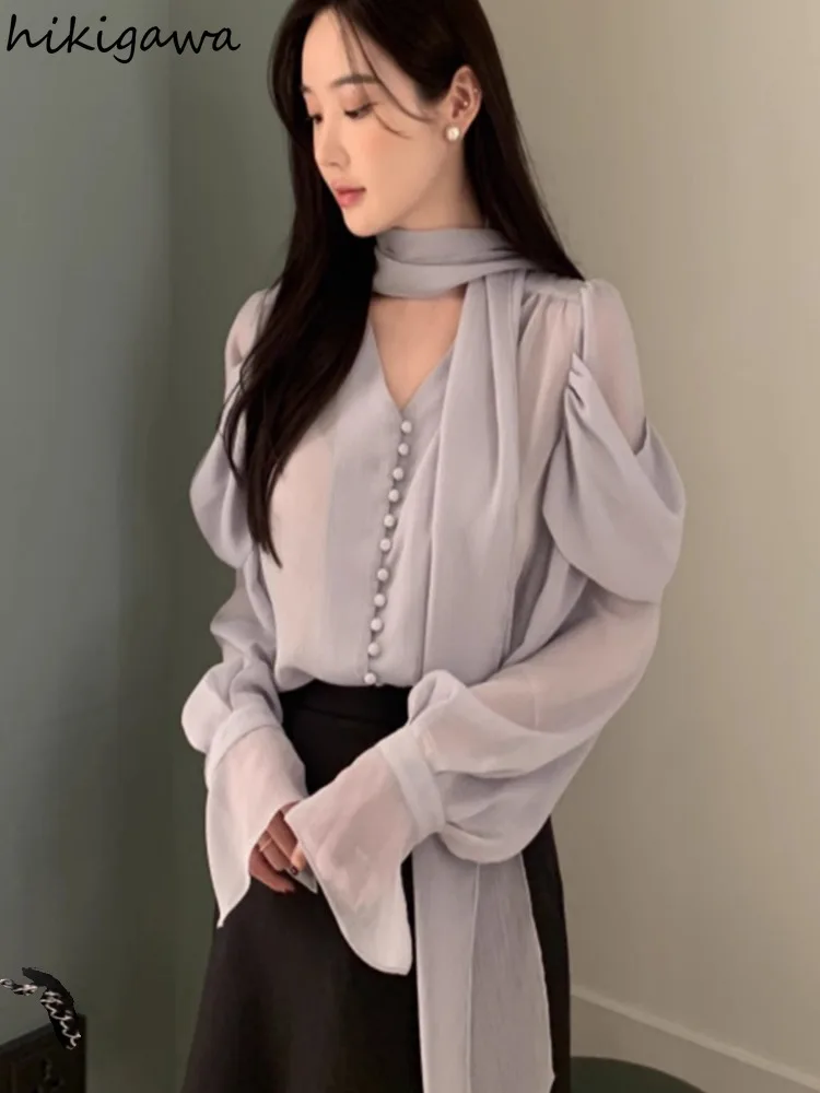 Korean Chic Women Shirt Temperament Ladies Tops V-neck Long Sleeve Chiffon See Through White Blouses 2024 Blusas Mujer De Moda