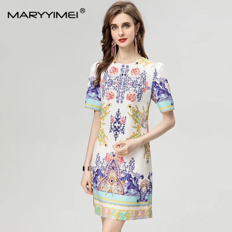 

MARYYIMEI Fashion Designer Spring Summer Women's Short-Sleeved Dress Crystal Diamond Printed Streetwear Elegant Dresses