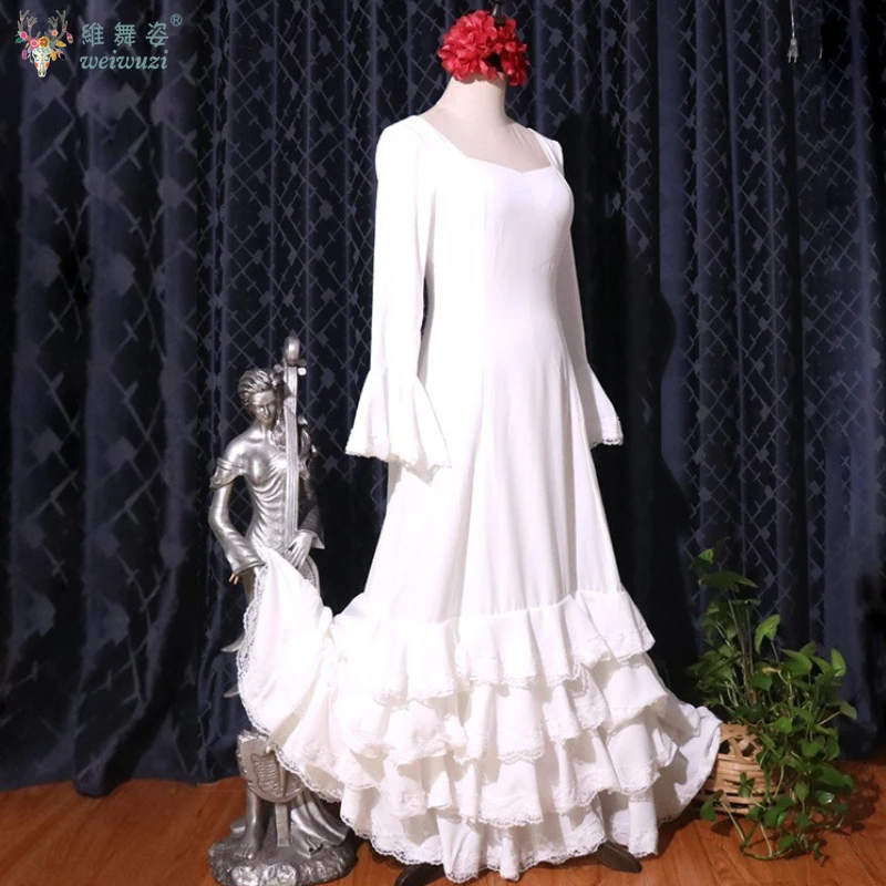 Kostium do flamenco hiszpańskiego dla kobiet, szyty na miarę, sukienka wyszczuplająca z długim rękawem, strój do występów na scenie w sali tanecznej.