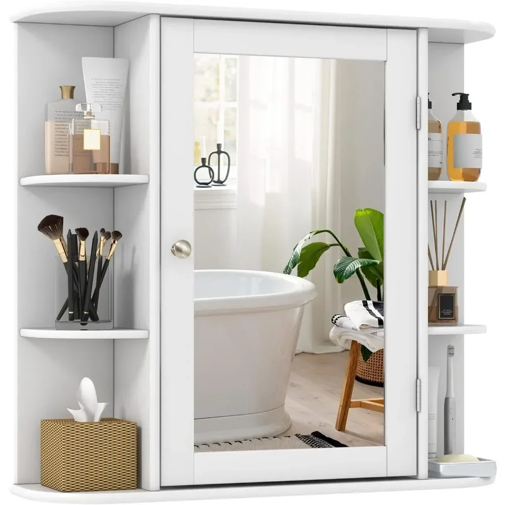 

%a Bathroom Medicine Cabinet with Mirror, Wall Mounted Bathroom Storage Cabinet w/Mirror Door & 6 Open Shelves, Adjustable Shel