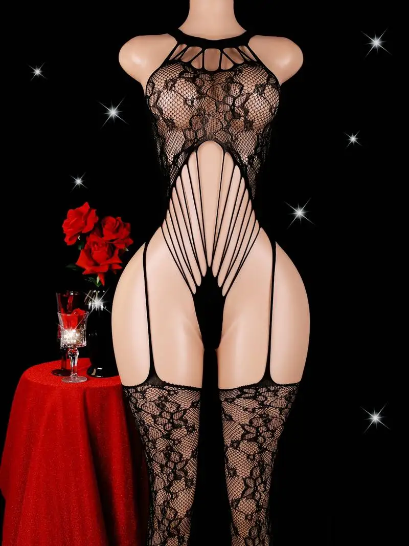2026 New Hollow Out Sexy Leopard Print Hanging Neck Jumpsuit Design Charming And Tempting See Through Strap Hanging Socks view 3
