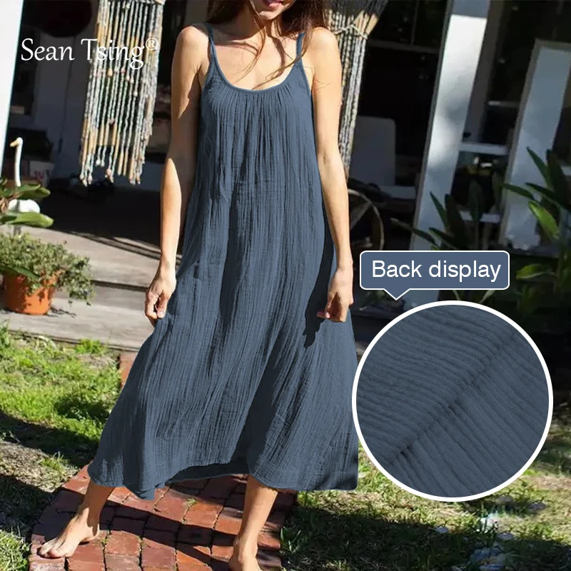 Vestido de verão feminino vintage macio tecido crepe de dupla camada 100% algodão verde azul simples básico versátil vestido de alta qualidade