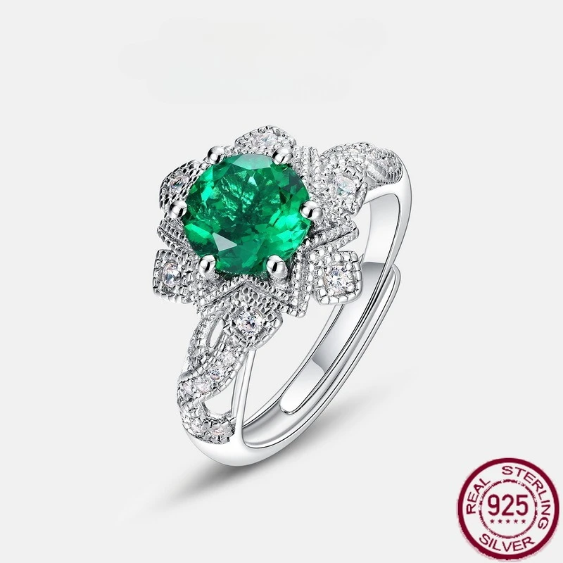 

New S925 pure silver cultivated emerald ring, women's retro light luxury European and American style wedding jewelry