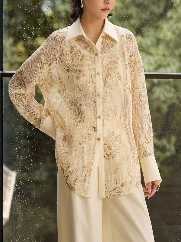 

Весна 2026: Женская свободная блузка с пайетками и вышивкой, визуально стройнящая, с отложным воротником, ажурным дизайном, модная, в корейском стиле