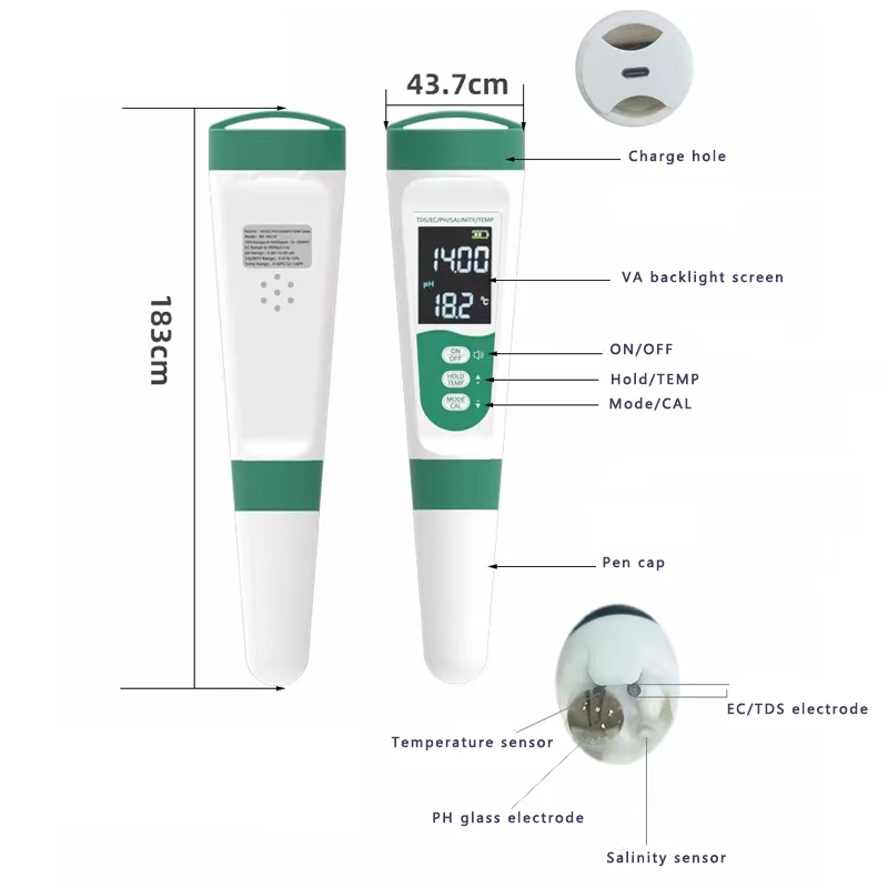 5-in-1 multifunctionele waterkwaliteitstesterpen, TDS/PH/CONDUCTIVITEIT/SALINITEIT/TEMPERATUUR Meetsensormeter met scherm