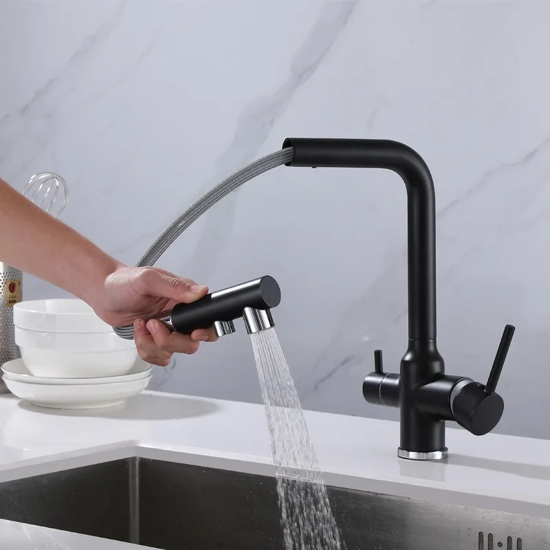 Factory Stainless Steel Water Purifier Filter Tap Black Kitchen Faucet With Pull Down Sprayer