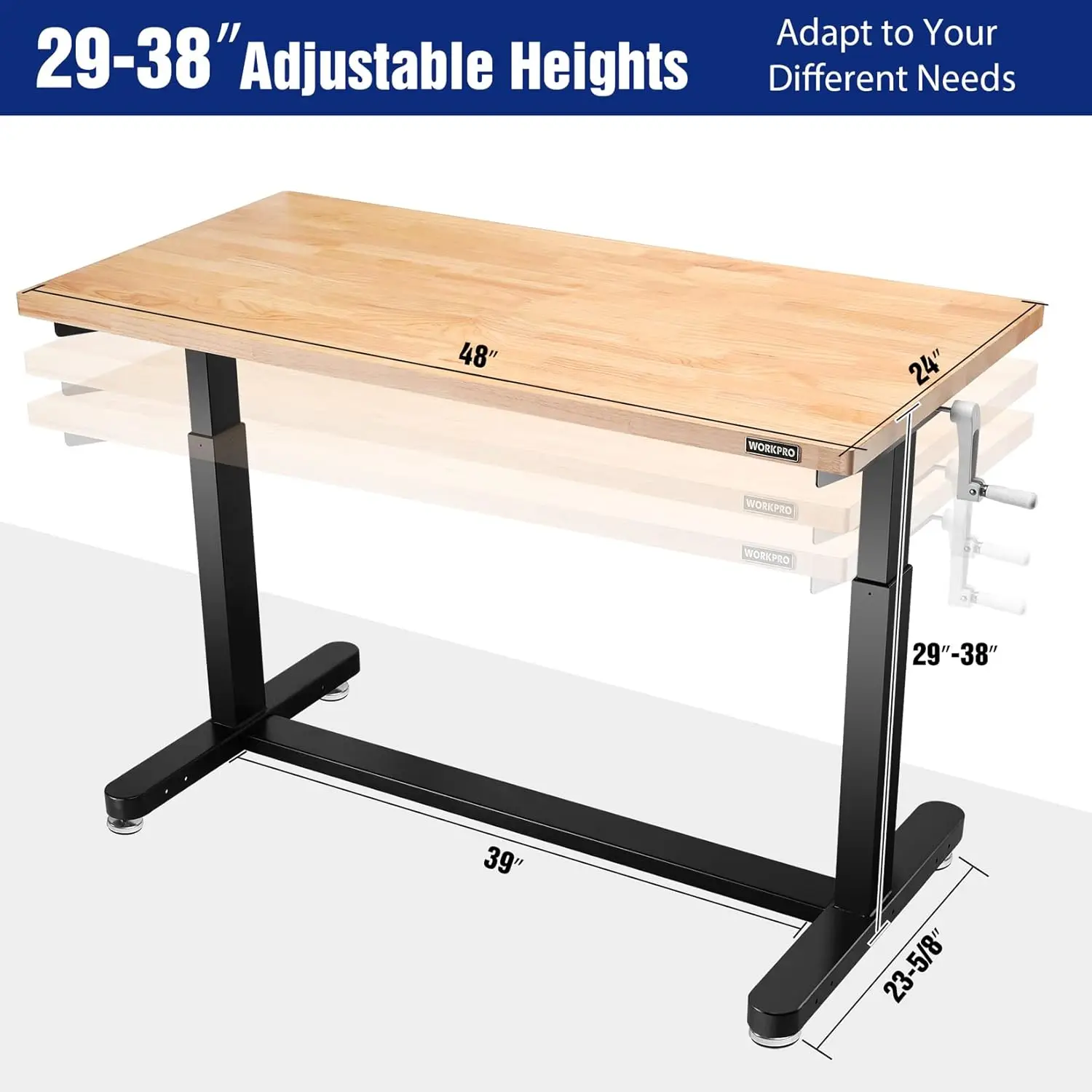 48” Height Adjustable Work Table with Crank Handle and Casters, 48” x 24” Wooden Top Standing Desk Workbench, Heights from 29”-3