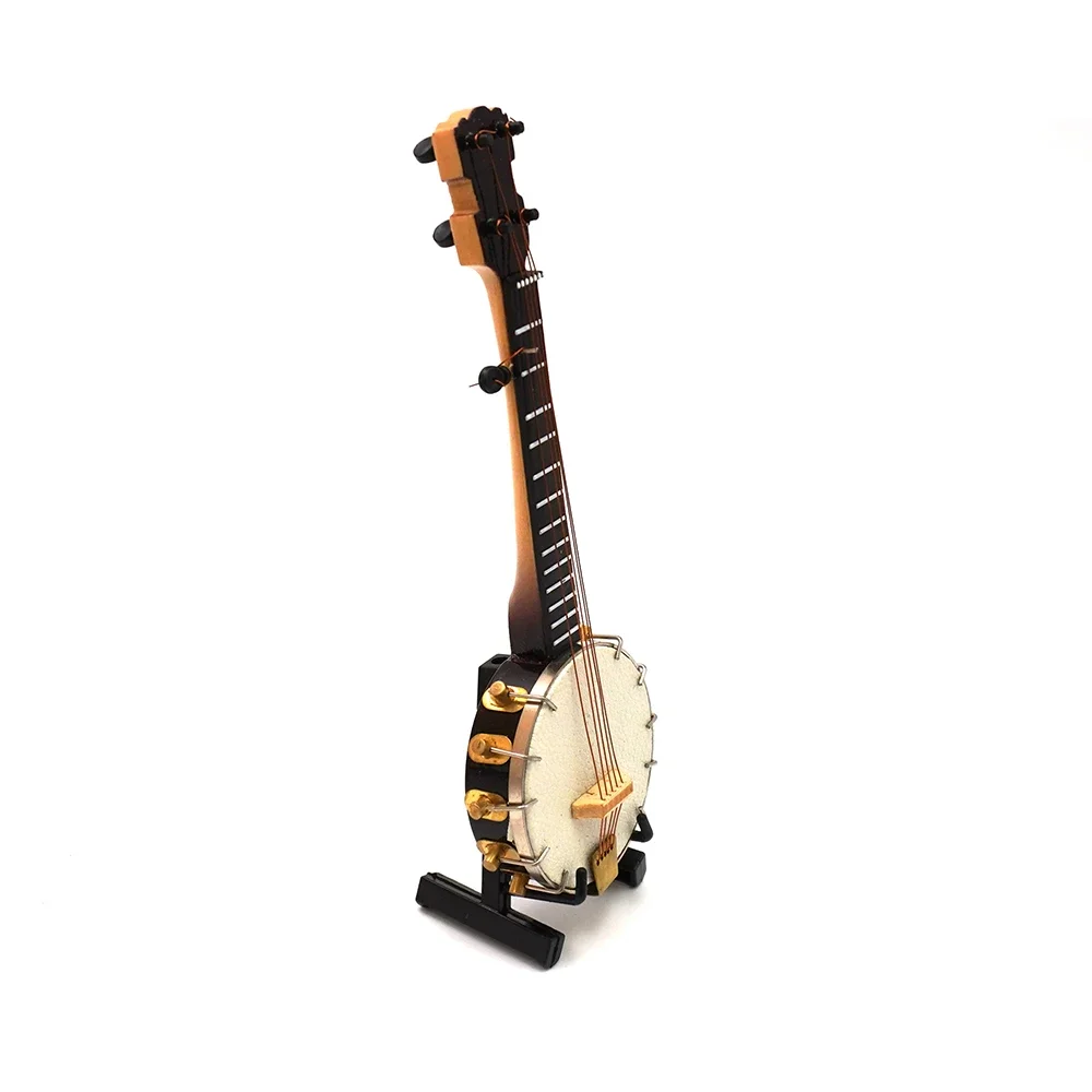 1Pcs Miniature Banjo Model with Support and Case Mini Musical Instrument Dollhouse 1/6 Action figure Accessories bjd