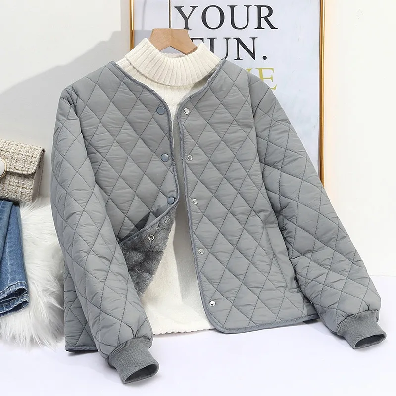 Women Diamond Quilted Fleece Lined Jacket Winter V Neck Warm Inner Coat Short School Uniform Liner Outerwear