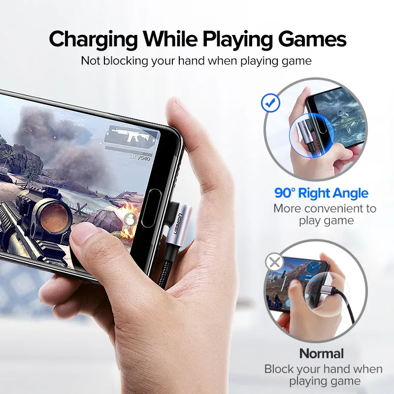 고속 충전 USB C 케이블 삼성 S9 S10 플러스 3.0 오른쪽 각도 USB 유형 C 데이터 케이블 게임 USB-C 와이어