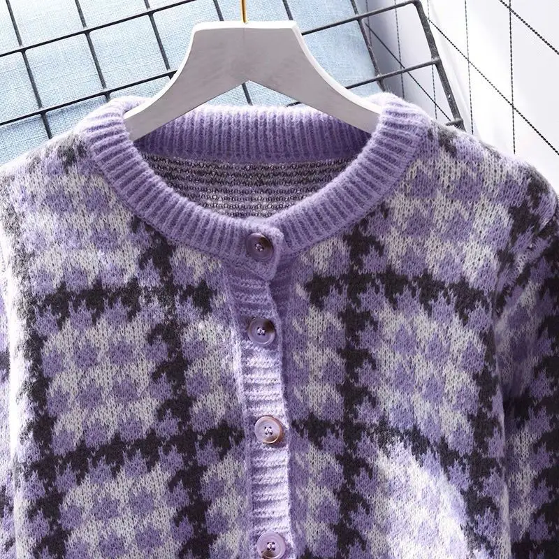 Purple Small Fragrant Checkered Sweater Jacket for Women's Loose and Versatile Spring and Autumn New Knitted Cardigan