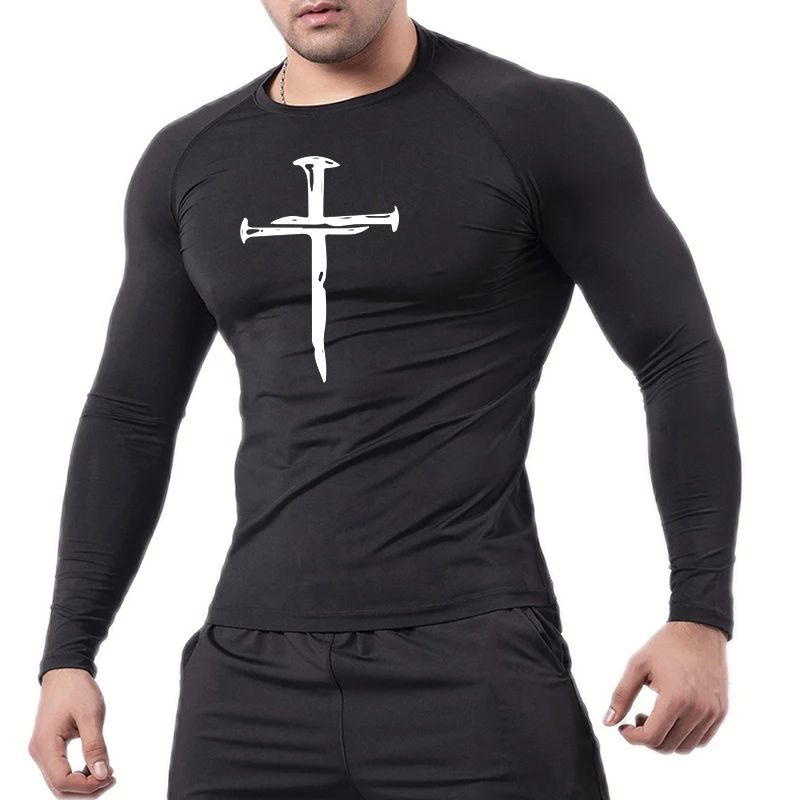 Christian Workout Compression Shirts Graphic Long Sleeve Rash Guard Athletic Quick Dry Tees Tops Mens Gym Undershirts Baselayers