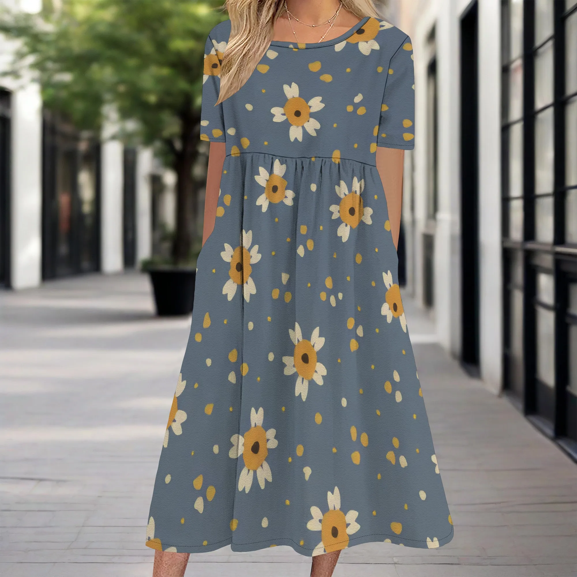 Womens Boho 미디 드레스 반소매 에스닉 프린트 드레스 크루넥 Dressy 캐주얼 여름 루즈핏 드레스(포켓 포함)