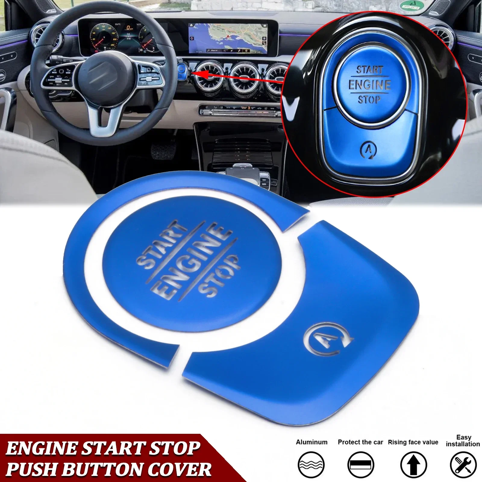 Ignition Start/Stop Engine Button Cap& On/Off Cover & Surrounding Frame Trim (BLUE) For Mercedes-Benz  A-Class/CLA-Class 2019-up