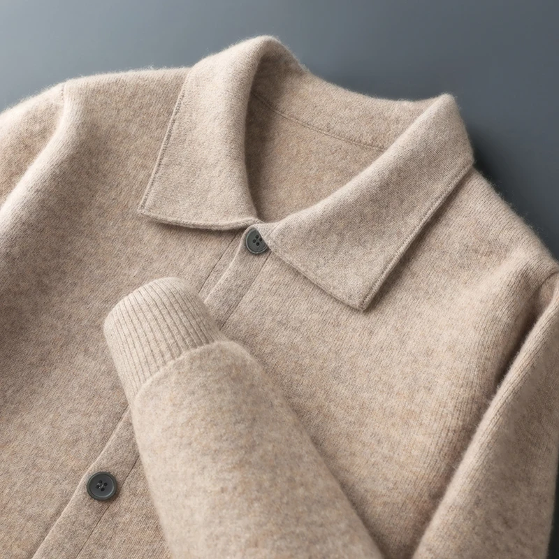 

Autumn Winter Quality Men's 100% Merino Wool Polo Collar Pocket Pullover Sweater Casual Comfort Sweater Soft Simple Knitted Top