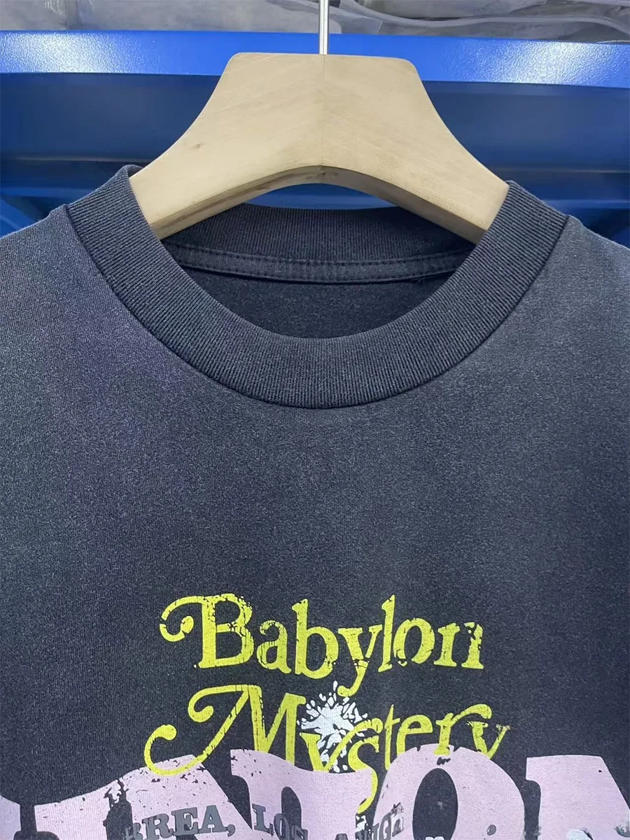 American Style RRR123 Letter Babylon Mystery Print Washed Heavyweight High Street Trend Loose Long Sleeve T-Shirt