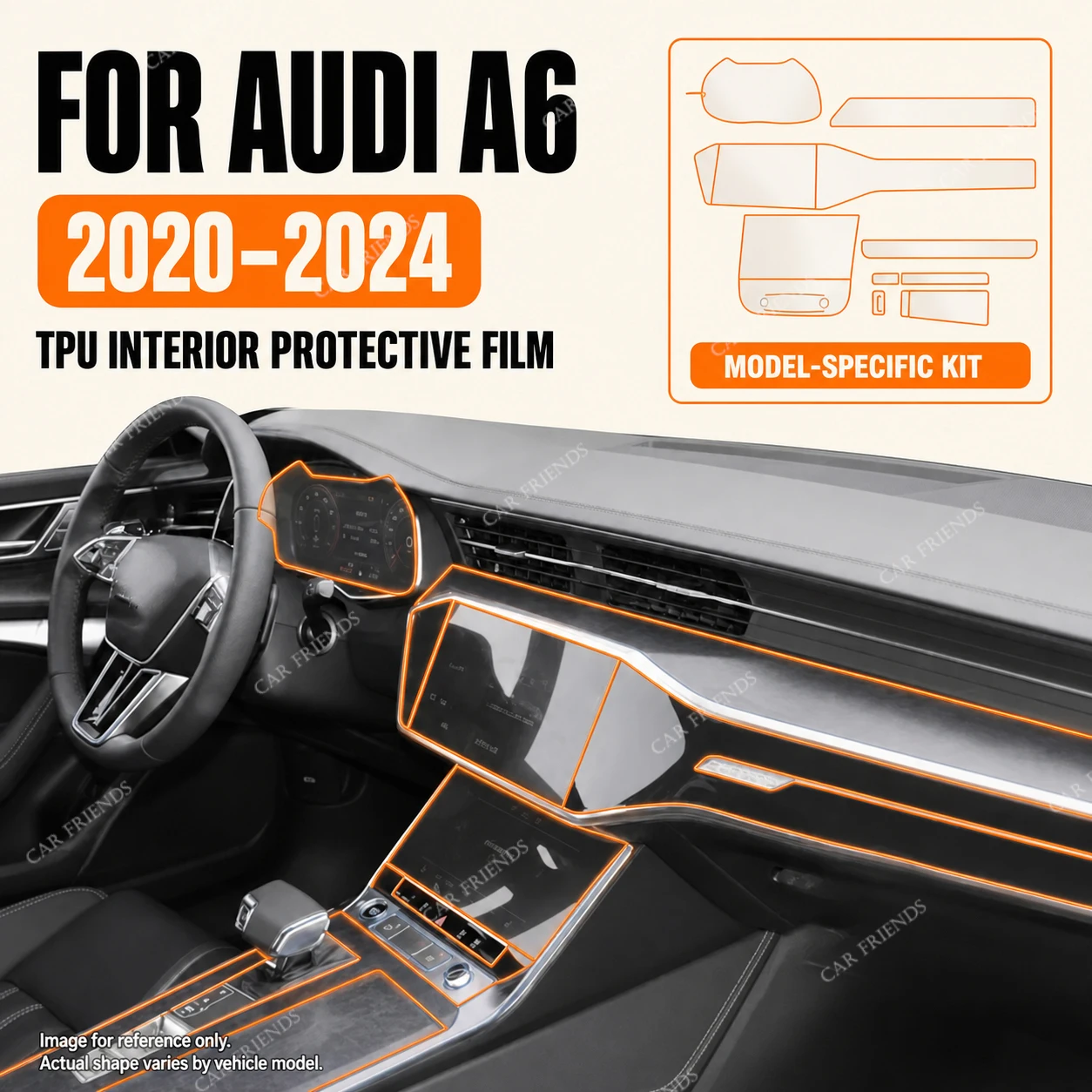 For Audi A6 2020-2024 Transparent TPU Car Interior Trim Protective Film Kit 1 Full Set