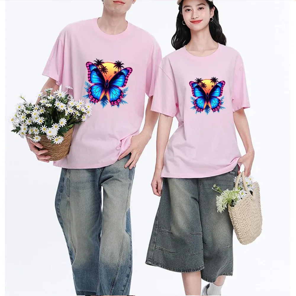 Blue Butterfly With Sunset And Palm Trees Printed T Shirt Breathable Fabric S-XXL Personalized Custom T Shirt Casual Short Sleev