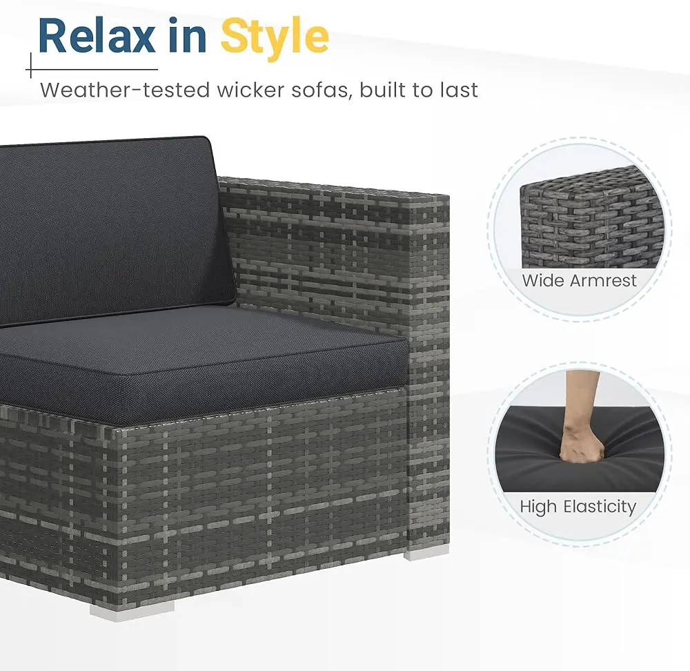 Ensembles de meubles de patio extérieur 5 pièces avec coussins et table basse en verre, ensemble de canapé sectionnel en rotin et osier toutes saisons