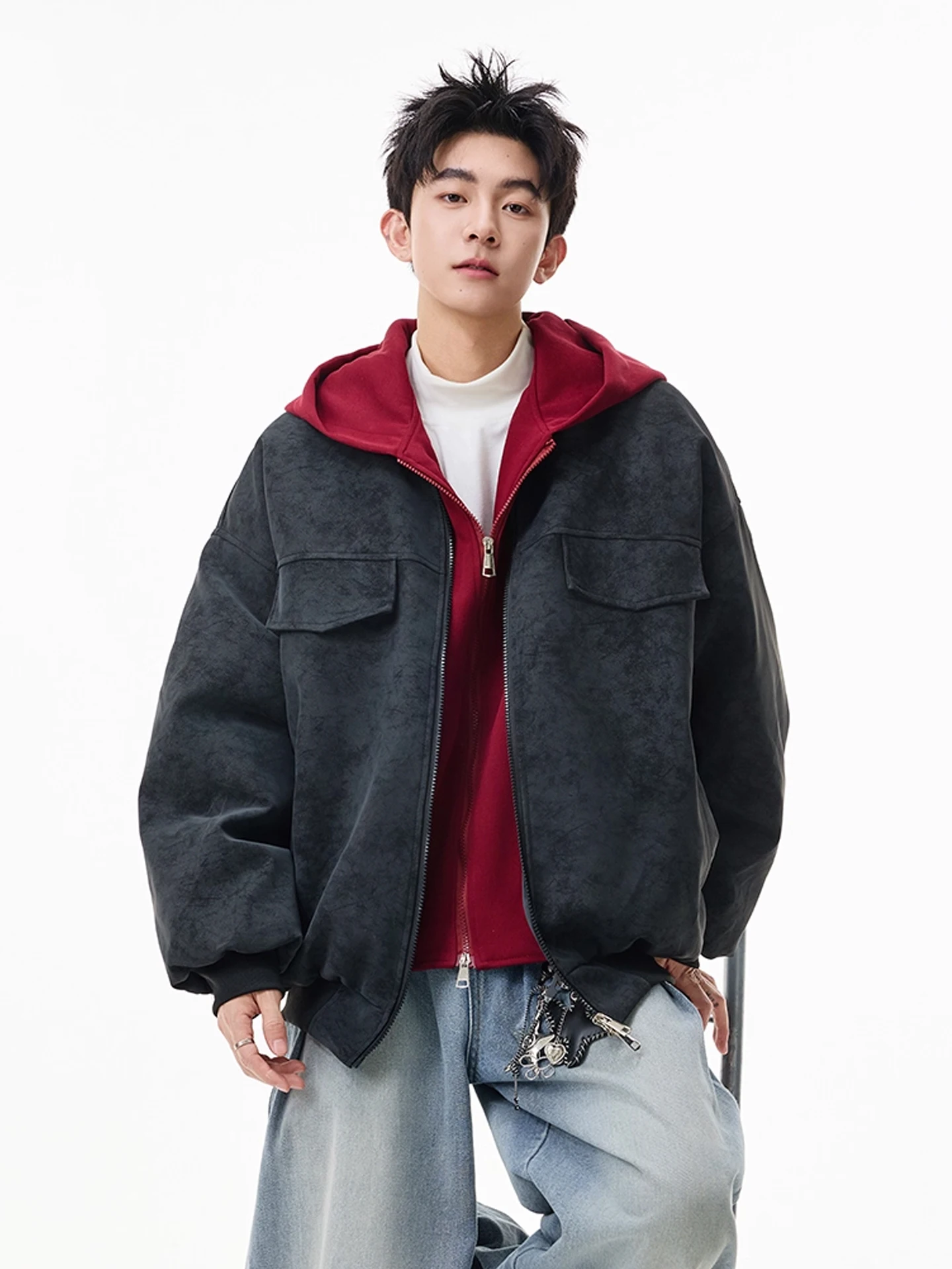 アメリカン スレ ティエンド PU レザー フード付きコットン ジャケット メンズ 冬 ファッション ルーズ ダブルジッパー 暖かいコート トレンディ ユース カジュアル