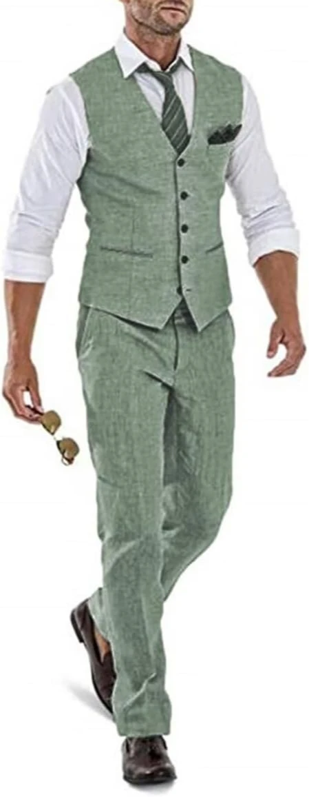 

High-End Suits Linen Suits for Men Beach Summer Wedding Groomsmen 2 Piece Silm Fit Casual Light Suit Men's Tuxedos Vest Pant