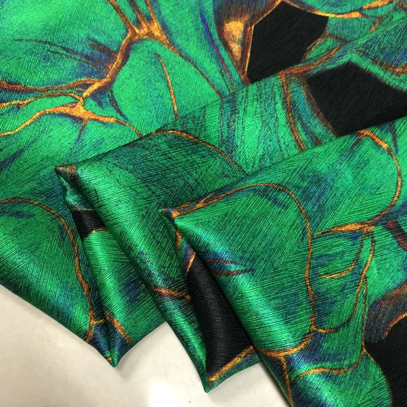 

21 M Silk Mulberry Satin Elastic Fabric Inkjet Printing Black Background Green Leaf Wide