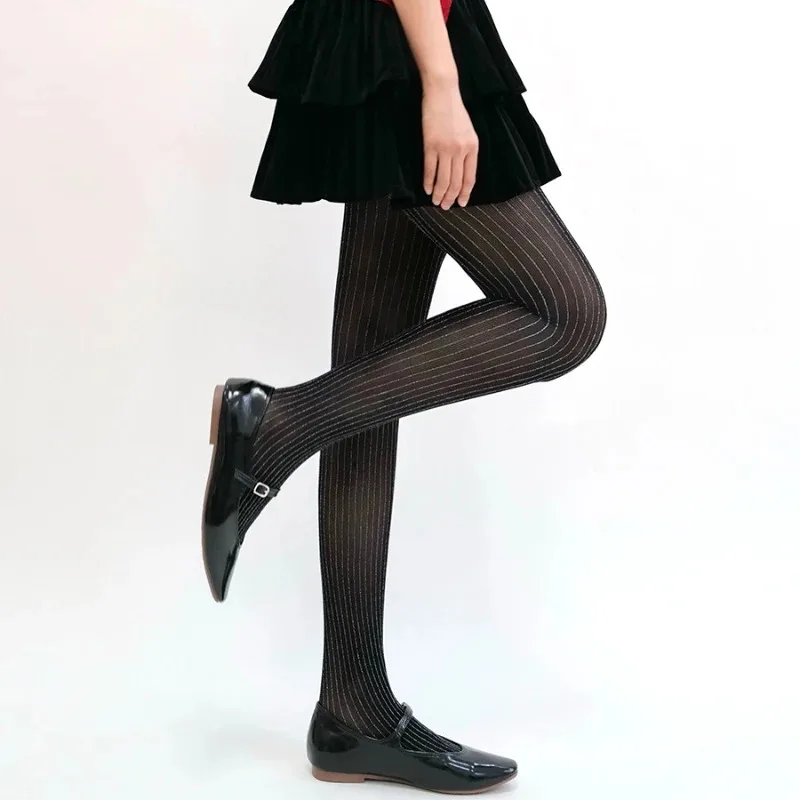 Female Hosiery Luxury Silver Silk Tights Pantyhose Women Tights Lingerie Sexy Striped Thigh High Stockings Pantyhose