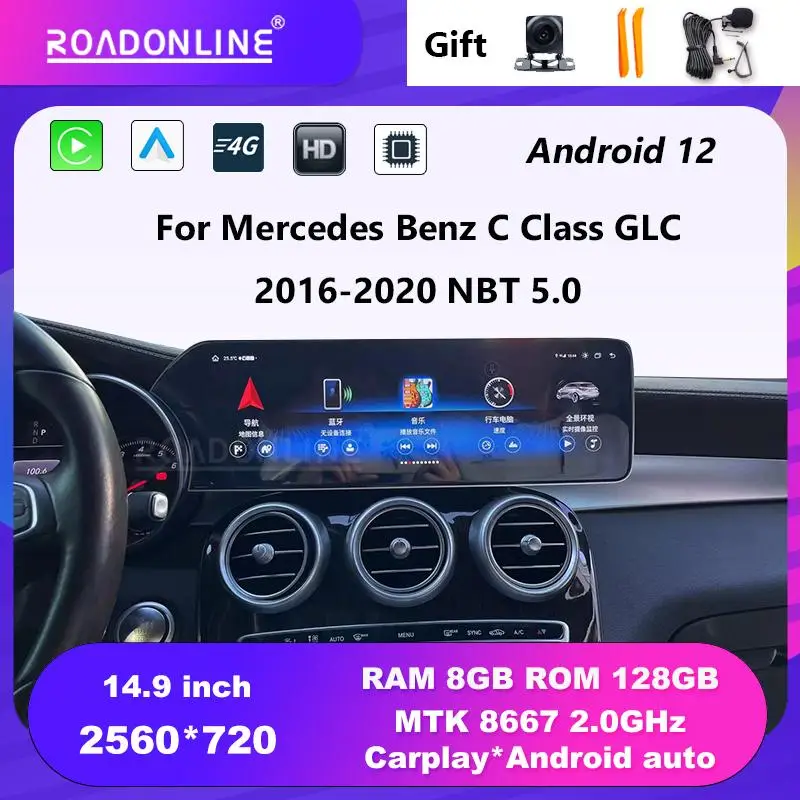 

For Mercedes Benz C Class GLC 2016-2020 NBT 5.0 14.9'' Android 12 Octa Core 2560*720 8+128G Gps Autoradio Car Multimedia Player