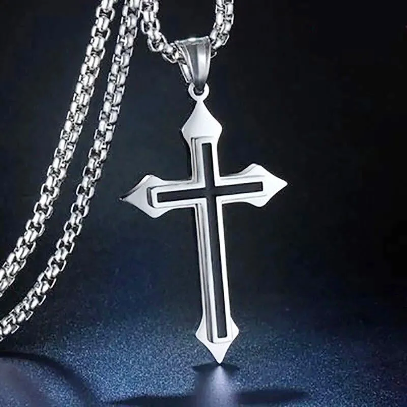 Simple Stainless Steel Cross Men\'s Sweater Chain Clavicle Chain Vintage Crystal Charm Pendant Necklace Jewelry for Women Gifts