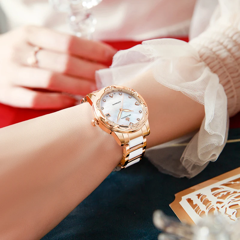Montre mécanique de luxe pour femmes, diamant, acier inoxydable, bracelet en céramique, étanche, Date, automatique