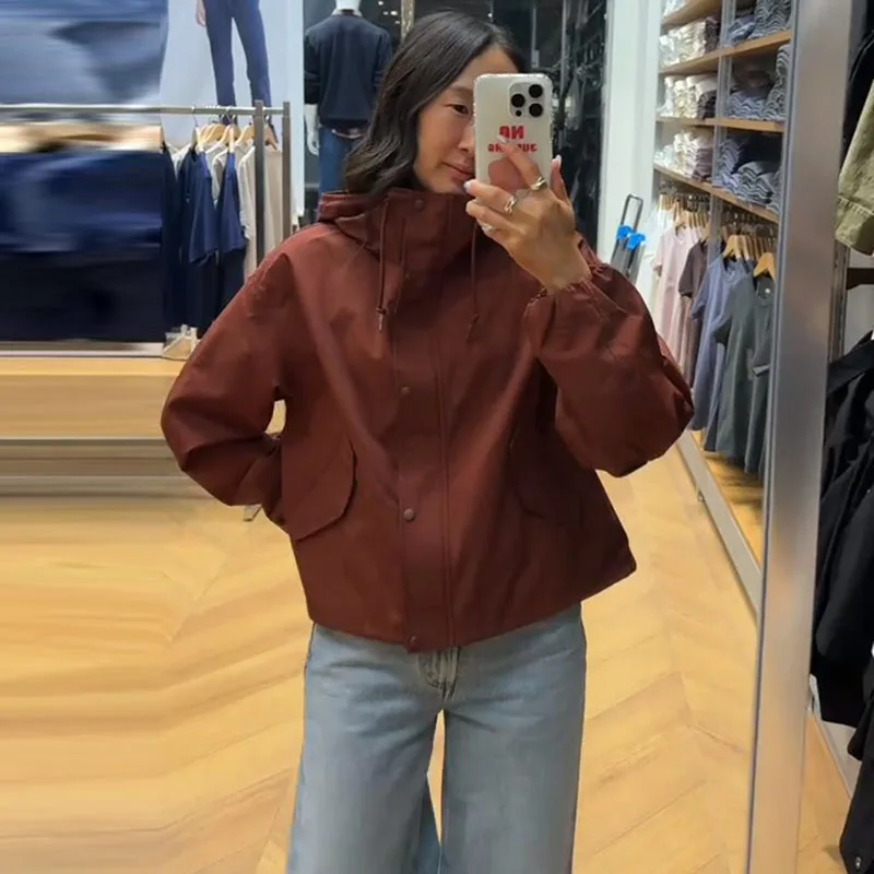 Drawstring Hooded Design Button Closure Pockets Elastic Cuff Female Short Coat Cozy Autumn Ladies Women's Jacket Coat