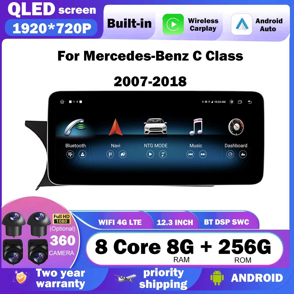 Android Auto Carplay 12.3 Inch For Mercedes Benz C Grade W204 2007 - 2018 4G QLED Screen Car Radio Stereo GPS Navigation Video