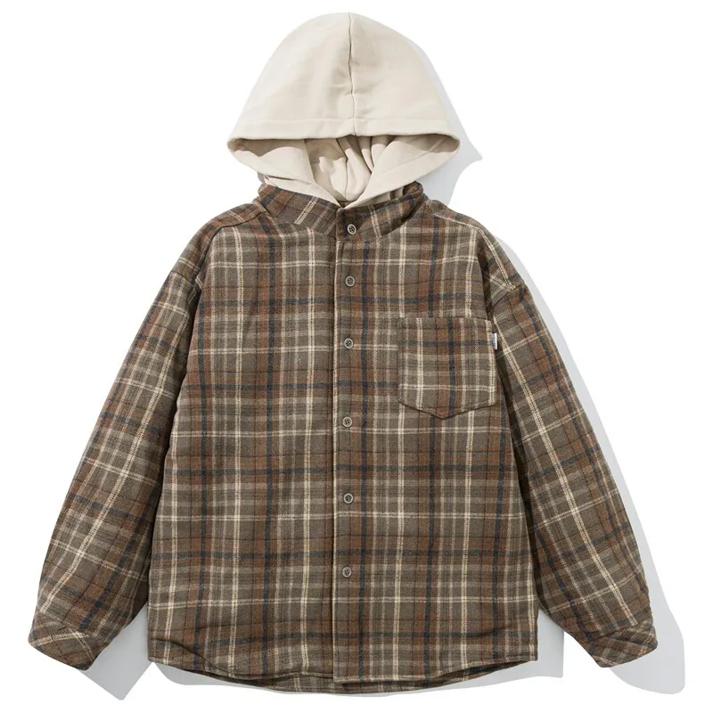 

Japanese-style Retro Contrast-color Checkered Hooded Jacket Cotton Fashion Unisex Loose-fitting Padded Warm Cotton Coat